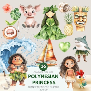Clipart di principessa polinesiana, arte per bambini, principessa dell'isola, clipart hawaiana, compleanno di Moana, Moana carina, uso commerciale, PNG trasparente