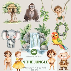 Clipart jungle, aventure dans la jungle, garçon de la jungle, animaux, vignes PNG singe, perroquet pour un usage commercial, clipart enfants, PNG transparents