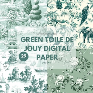 Green Toile De Jouy Digital Paper, Green Floral French Toile De Jouy, Seamless Pattern Green White Chinoiserie Digital Paper, Commercial Use
