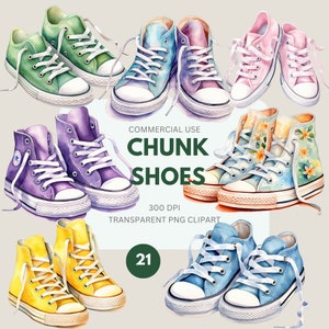Chunk Shoes Clipart Pack, Sneakers alte, Converse Sneakers PNG, All Star Sneakers Watercolor Trainers, Uso commerciale, PNG trasparente