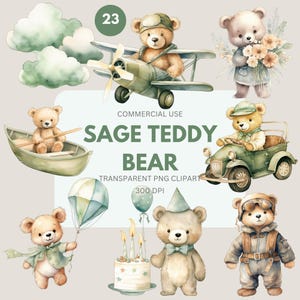 Sage Green Teddy Bear Clipart, Boho Bears,  Baby Shower Bears Watercolor for Commercial Use, Bear in Hot Air Ballooon Transparent PNG