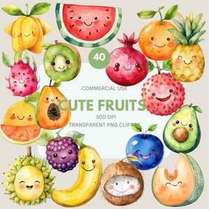 Cute Fruits Clipart Pack, Kawaii Fruit Clipart, Cute Exotic Fruits, Summer Fruits PNG, Watercolor Fruits Commercial Use, Transparent PNG