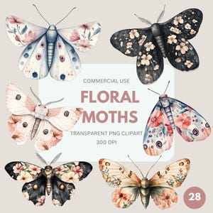 Blumen Motte Clipart Pack, Aquarell Pastell Insekt, Schmetterling Clipart, himmlische Motte, Boho Junk Journal, kommerzielle Nutzung, transparente PNG