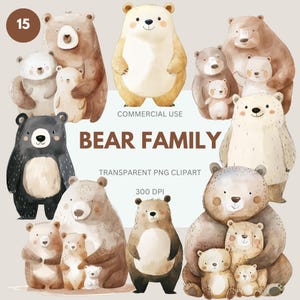 Clipart di famiglia di orsi carini, Clipart di orsi divertenti ad acquerello, Asilo nido, Decorazioni per baby shower, Il primo bambino, Uso commerciale, PNG trasparente
