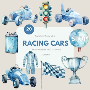Raceauto clipartpakket, raceauto aquarel, vintage raceauto's, retro raceauto's png, schattige raceauto's clipart kinderkamer decor, commercieel gebruik