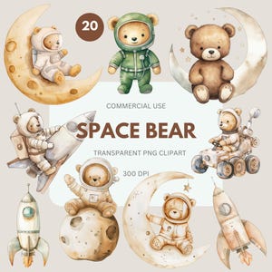 Pacchetto Clipart Orso Spaziale, Orsetto di Peluche Acquerello, Orso Astronauta, Clipart Spaziale, Spazio Esterno Netto Boho, Uso Commerciale, PNG Trasparente