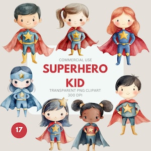 Superheld Kid Clipart, Jungen & Mädchen Superheld, süßer Superheld, Superheld Geburtstag Aquarell für kommerzielle Nutzung, transparente PNG