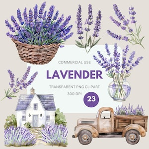 Imágenes prediseñadas de flor de lavanda, imágenes prediseñadas de primavera en acuarela, imágenes prediseñadas botánicas, flores provenzales, bordes de lavanda para uso comercial, PNG transparente