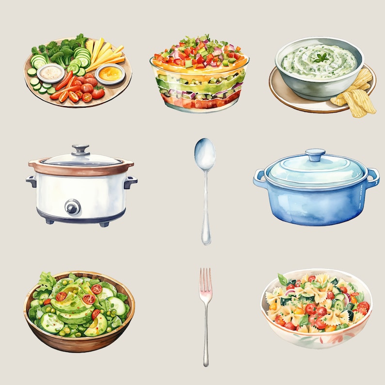 Potluck Clipart Pack, Watecolor Casserole, Crockpot, Cupcake Food ...