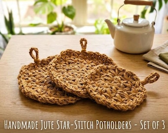 Minimalist Jute Potholders, Rustic Star Stitch Trivet Set, Eco-Friendly Kitchen Hot Pads