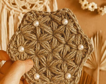 Handmade Boho Jute Coaster with Pearl Accents – Natural Rustic Home Decor