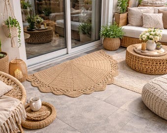 Handmade Jute Half-Moon Rug – Crochet Scalloped Doormat