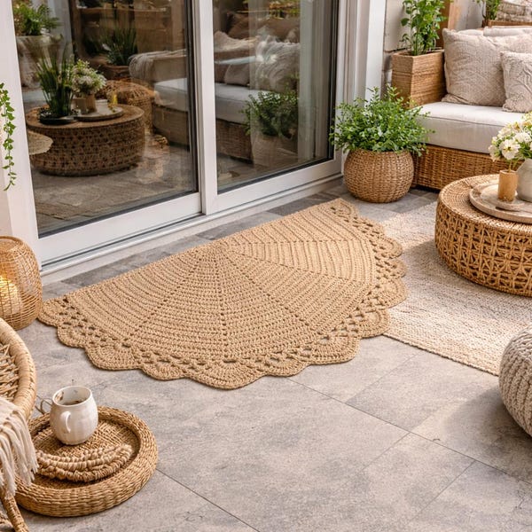 Handmade Jute Half-Moon Rug – Crochet Scalloped Doormat