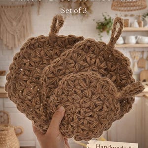 Crochet Pot Holder Set, Handmade Cotton Trivet, Boho Kitchen Decor, Rustic Farmhouse Hot Pad, Round Crochet Potholder with Hanging Loop