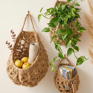 Boho Jute Wall Hanging Baskets – Woven Plant Hangers, Kitchen Storage Organizers (Set of 3)