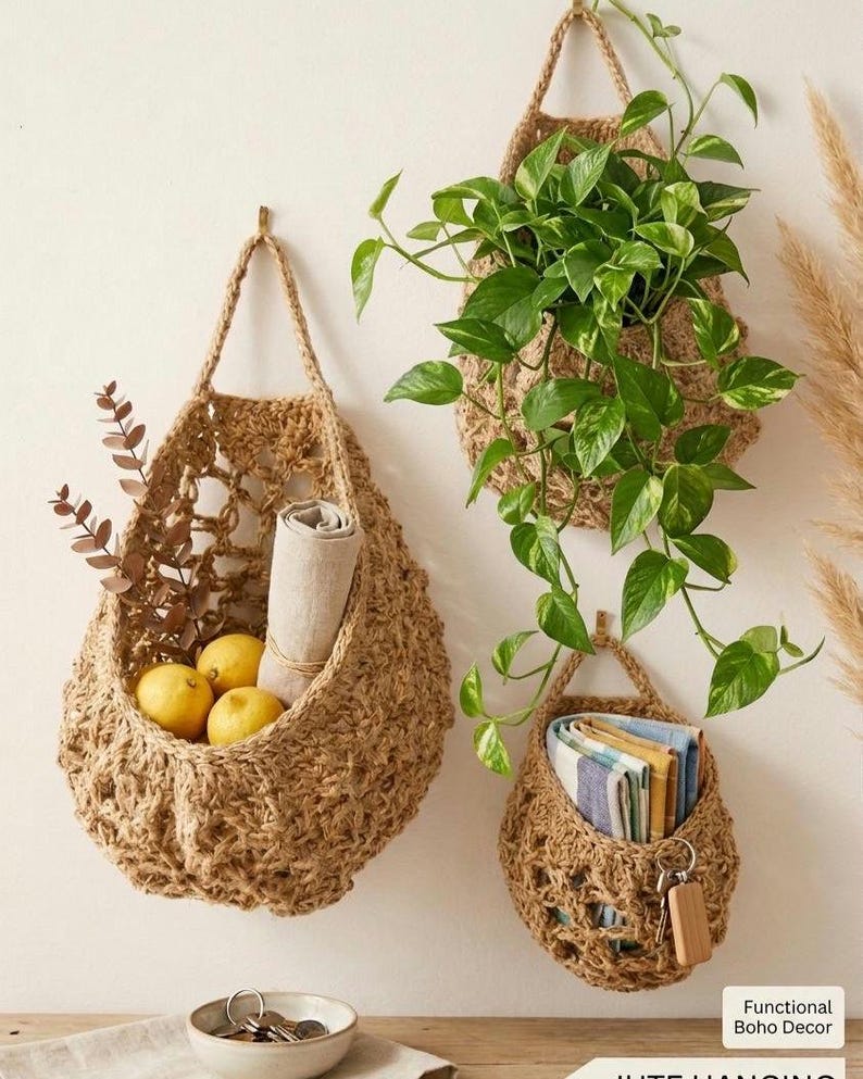 May include: Three jute hanging baskets, each with different contents. One contains lemons and dried plants, another has a potted plant with green leaves, and the third holds folded towels and keys. The baskets are suspended from the wall.