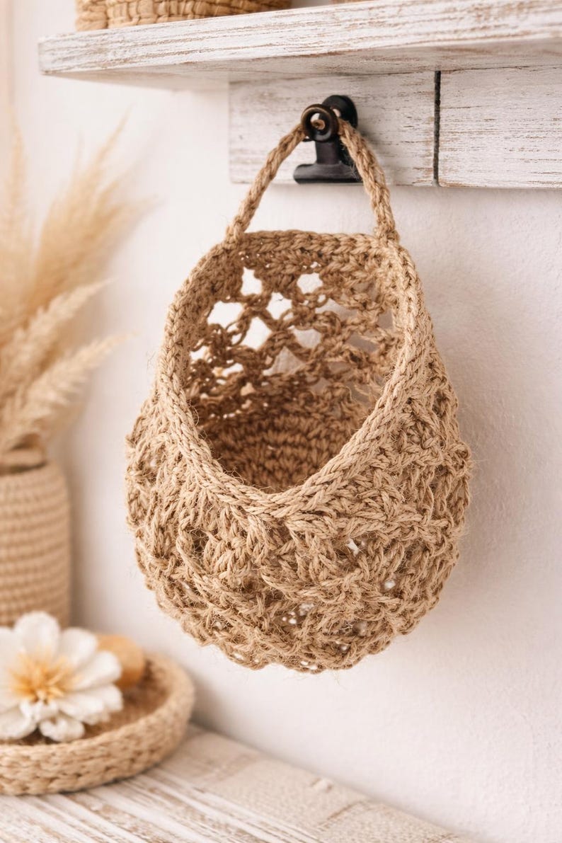 May include: A hanging jute basket, woven with a natural tan-coloured fibre. The basket is suspended from a black metal clip. The open weave design is suitable for storage and adds a rustic touch to any room.