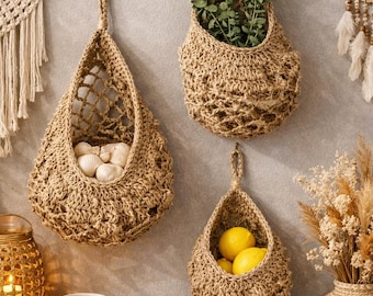 Hand-Crocheted Jute Pear Wall Baskets – Hanging Produce Pods, Minimalist Farmhouse Kitchen Set