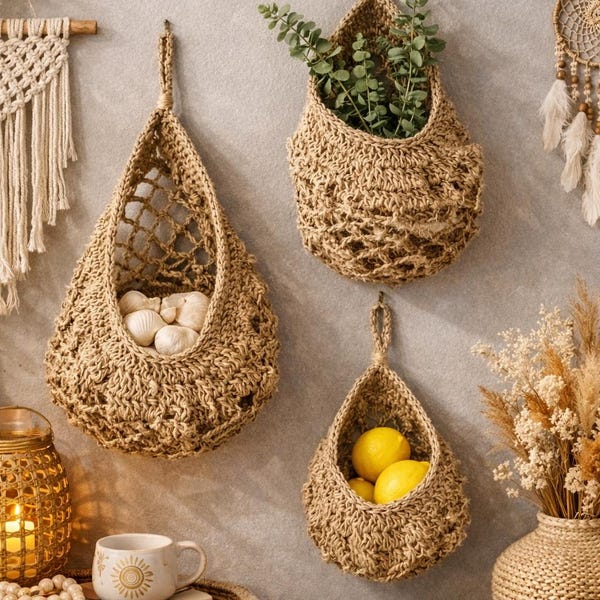 Hand-Crocheted Jute Pear Wall Baskets – Hanging Produce Pods, Minimalist Farmhouse Kitchen Set