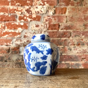May include: A small, white porcelain jar with a blue and white floral design. The jar has a lid and is decorated with a pattern of flowers and fish.