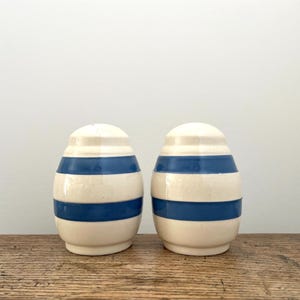 May include: Two ceramic salt and pepper shakers. Each shaker has a cream-coloured base and a blue horizontal stripe design. The egg-shaped shakers are displayed on a wooden surface against a plain background.
