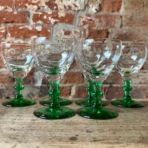 Set of Six Vintage Sherry / Liqueur Glasses with Green Stems