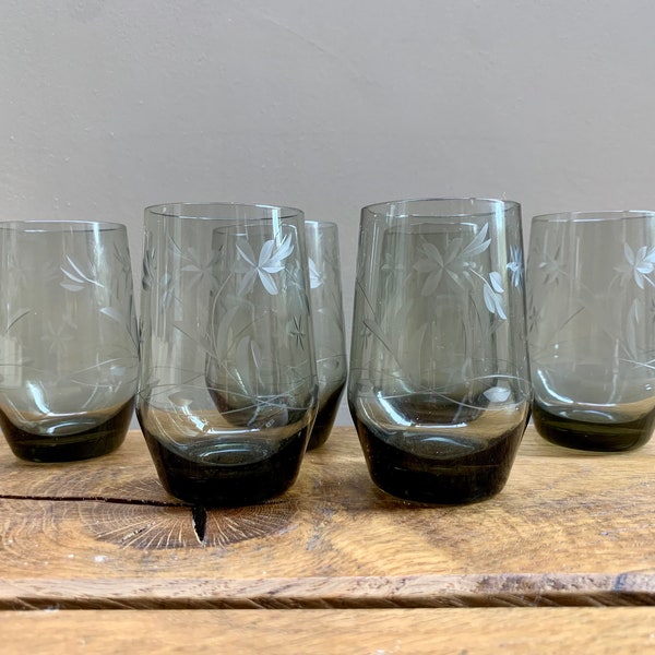 Set of Six Vintage Etched Glass Small Water Glasses