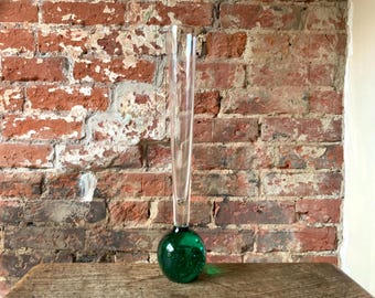 Vintage 25.5cm Controlled Bubble / Art Glass Bud Vase with Dark Green Base