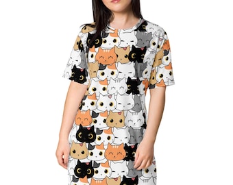 cat shirt dress Oplxuo Nightgown for Woman Cute Cat Printed T-Shirt Dress Short Sleeve Sleep Shirt Summer Crewneck Tunic Tops Sleepwear, Women's, Size: Medium, Blue