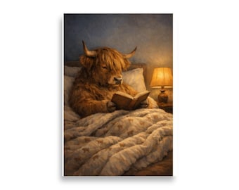 Highland Cow Wall Art Poster, Cozy Cow Reading Book Print, Farmhouse Cow Artwork, Rustic Animal Wall Decor, Cottage Farm Art