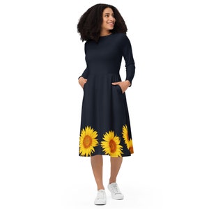 navy blue dress with sunflowers Elegant Navy Blue Maxi Dress with Sunflower Floral Print and Ruffled Sleeves
