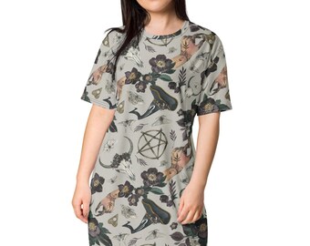 Witch T-Shirt Dress, Witchcraft Pentagram Skull Goth Dress