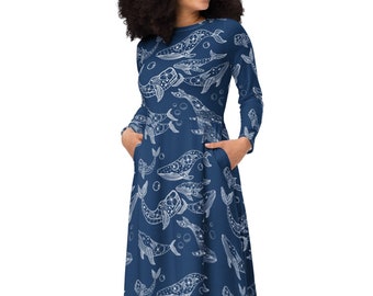 Vestido com estampa de baleia e bolsos: Nautical Ocean Lover Midi