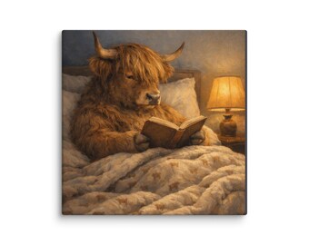 Highland Cow Canvas, Cozy Cow Reading Book Canvas, Farmhouse Cow Artwork, Rustic Animal Wall Decor, Cottage Farm Art