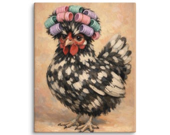 May include: A whimsical canvas print features a chicken with black and white speckled feathers, a red comb, and a colorful array of hair rollers. The artwork has a vintage, painterly style, set against a warm, neutral background.