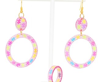 Inclusive pink  Autism Jewelry Bundle - Puzzle Piece Ring and Earrings | Show Support & Appreciation