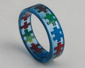 Autism Awareness Resin Ring with Hearts and Puzzle Pieces