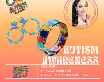 Autism Awareness Puzzle Piece Ring & Earrings Set | Handmade Resin Jewelry