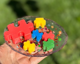 Ręcznie robiony zestaw mydełek z puzzlami | Prezent z okazji autyzmu z talerzykiem