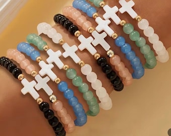 Cross Bead Bracelet Set, Glass Beaded Christian Jewelry, Stretch Wristbands