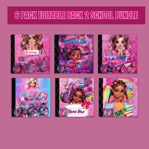 Puede incluir: Un paquete de seis diseños editables para el regreso a clases. Cada diseño presenta una niña de dibujos animados con un vehículo, incluyendo un coche, un camión y una motocicleta, en tonos rosas. Los diseños incluyen los nombres "Jenny" y "Kayla".