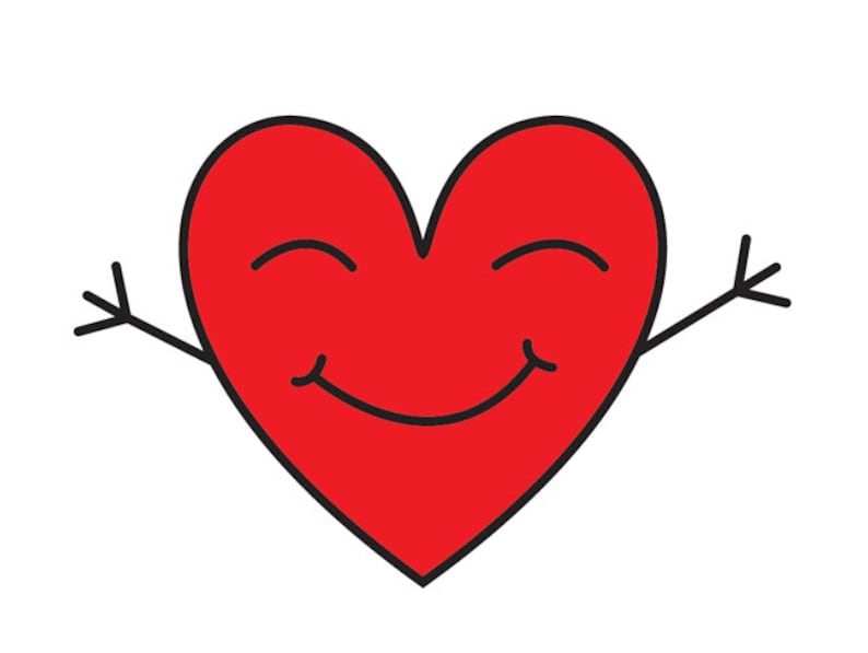 May include: A red heart with a smiling face and outstretched arms, as if giving a hug.