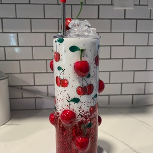 3D cherries and sparkling glitter Tumbler cup with cherry topper