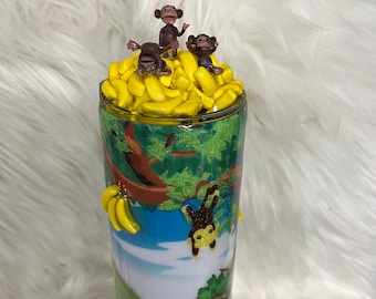 3D Banana's and glittered monkeys tumbler cup with lid topper