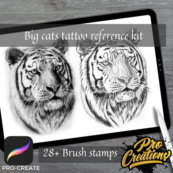 Тигры и львы Procreate Brush Set | большие кошкиКисти для татуировок | Цифровое искусство татуировки трафарет | Procreate Brushes for Tattoo Reference
