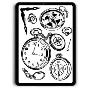 Könnte beinhalten: Schwarzweiß-Illustration einer Taschenuhr, eines Kompasses und anderer nautischer Gegenstände auf dem Bildschirm eines digitalen Tablets.