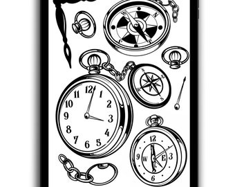 Blackwork Clock Tattoo Procreate Pinselset: Digital Art Schablonen (PDF)