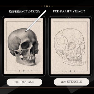 May include: Two digital illustrations of a human skull. The left image shows a detailed drawing of a skull in grayscale. The right image shows a line drawing of a skull with a grid pattern. Both images have text below them that reads "20+ Designs" and "20+ Stencils".