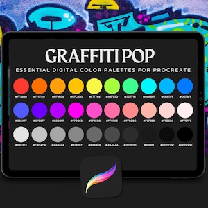 Peut inclure: Une tablette numérique affiche une palette de couleurs intitulée "GRAFFITI POP" pour Procreate. La palette présente une gamme de couleurs vives, dont le rouge, l'orange, le jaune, le vert, le bleu et le rose, avec des codes de couleur hexadécimaux. Une icône de l'application Procreate est en bas.