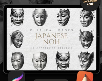 50 Japanese Noh Mask Procreate Brushes: Tattoo Designs (Digital Download)